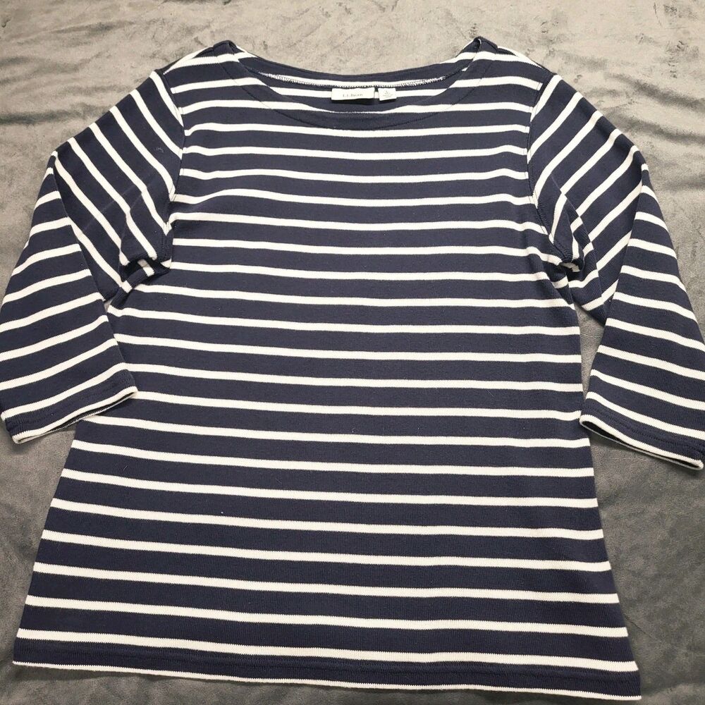 L.L.Bean Womens Large Navy White Stripe Boat Neck Top 3/4 Sleeve 100% Cotton